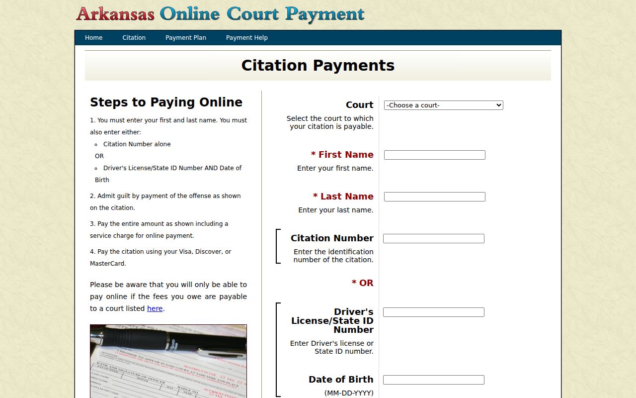 Arkansas County traffic ticket payment search interface