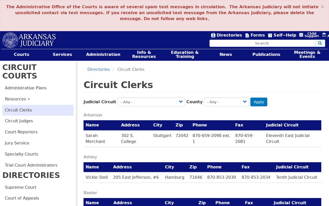 Arkansas County court case records Circuit Clerk directory