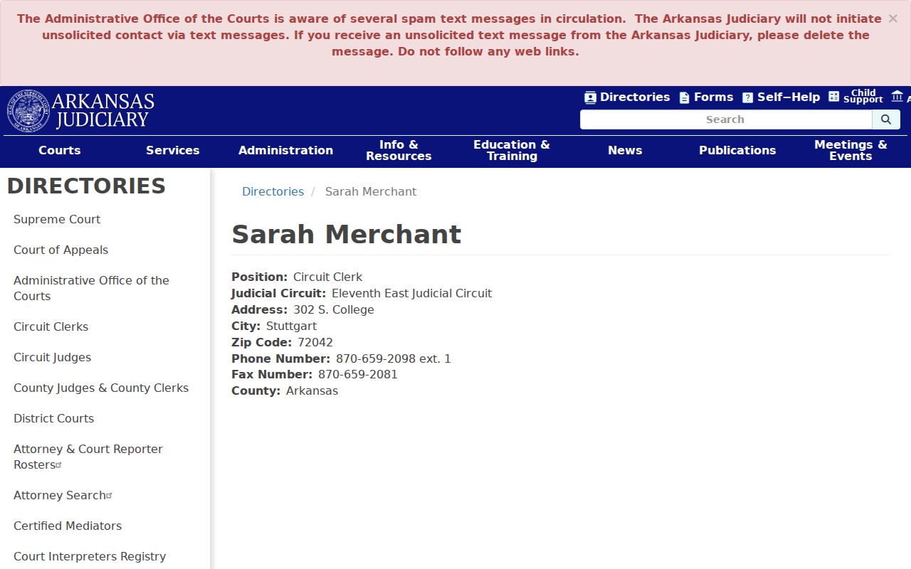 Arkansas County court record clerk Sarah Merchant directory entry