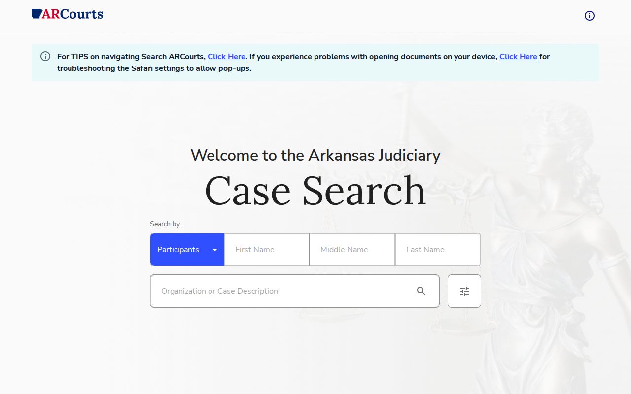 Arkansas County court docket Search ARCourts interface